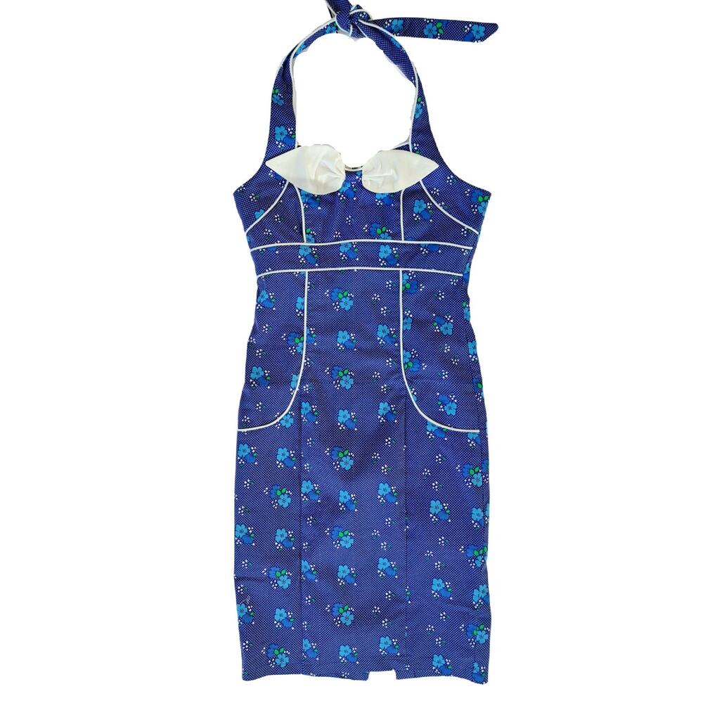 VooDoo Vixen Marcia Blue Floral Pencil Dress Retro Halter XS/S Pinup Rockabilly - Picture 7 of 9